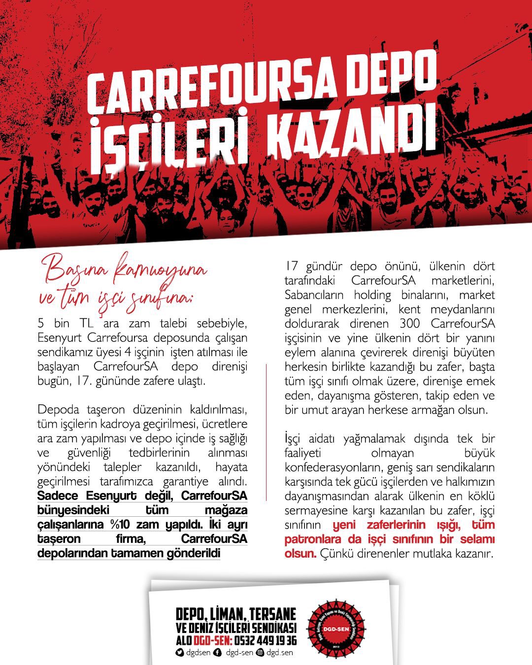 DGD-SEN CarrefourSA direnişi kazanım açıklaması