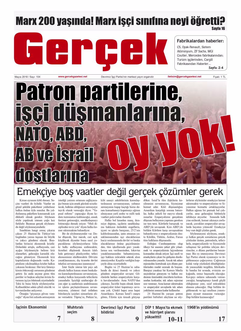 Gerçek Gazetesi Sayı 104 - Mayıs 2018 kapağı