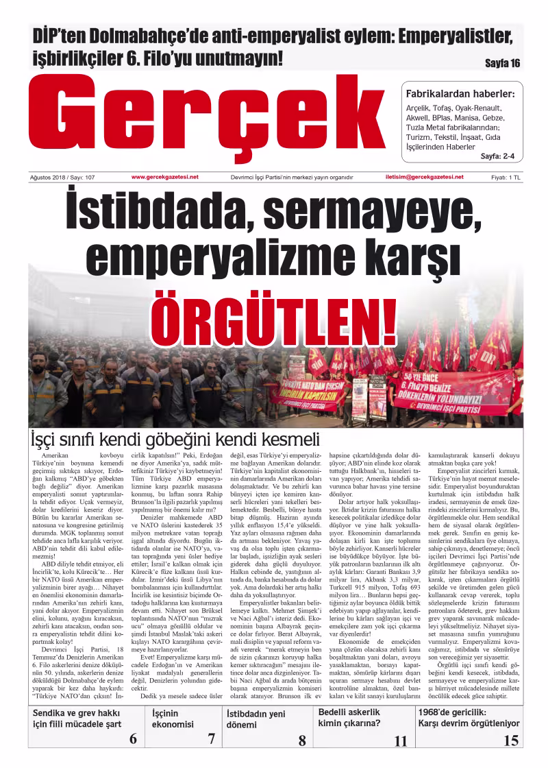 Gerçek Gazetesi sayı 107 - Ağustos 2018 kapağı