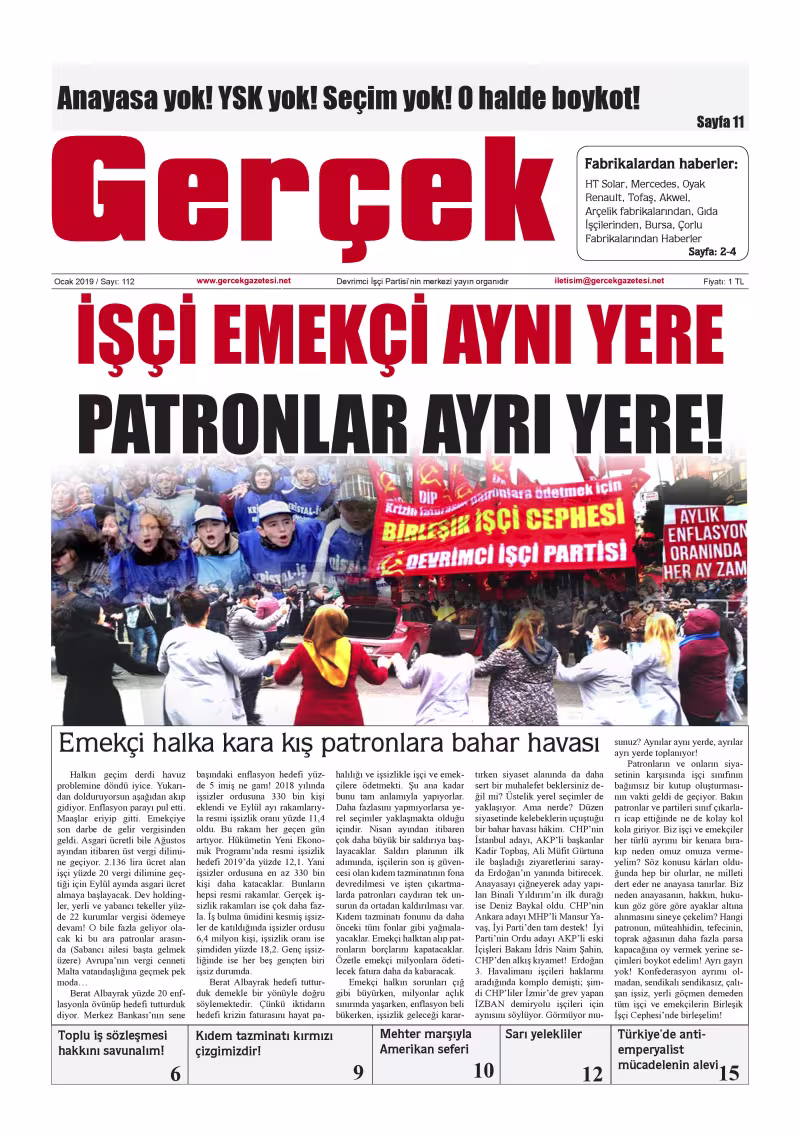 Gerçek Gazetesi Sayı 112 - Ocak 2019 kapağı