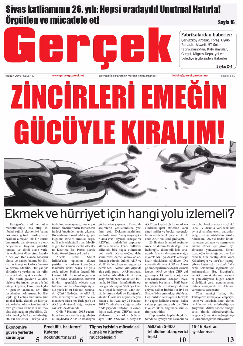 Gerçek Gazetesi Sayı 117 - Haziran 2019 kapağı