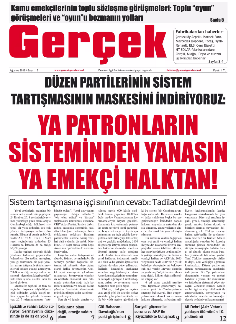 Gerçek Gazetesi Sayı 119 - Ağustos 2019 kapağı