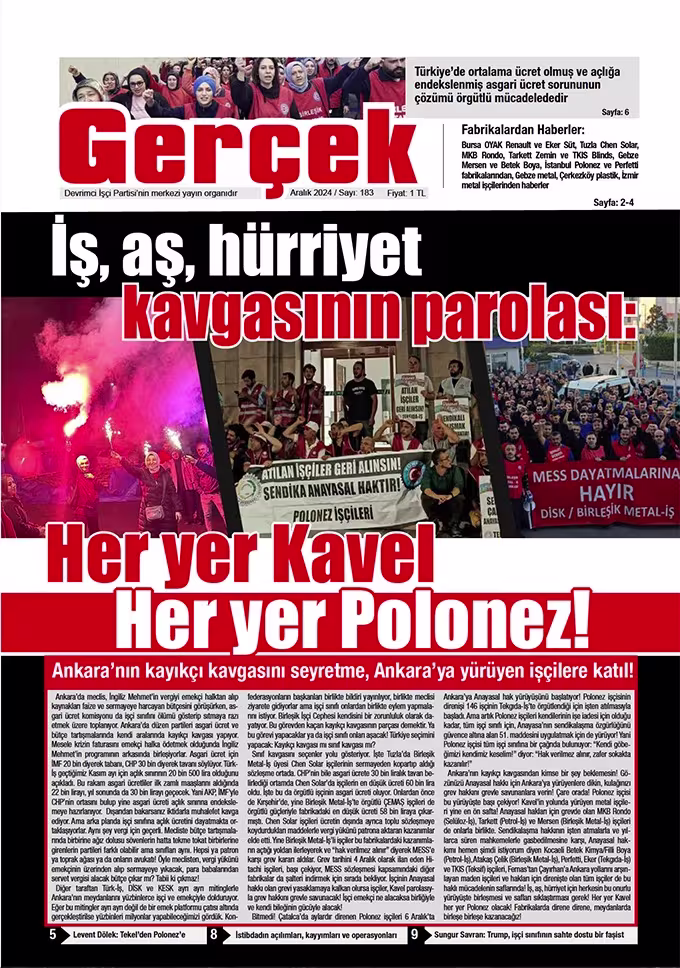 Gerçek Gazetesi Sayı 183 - Aralık 2024 kapağı