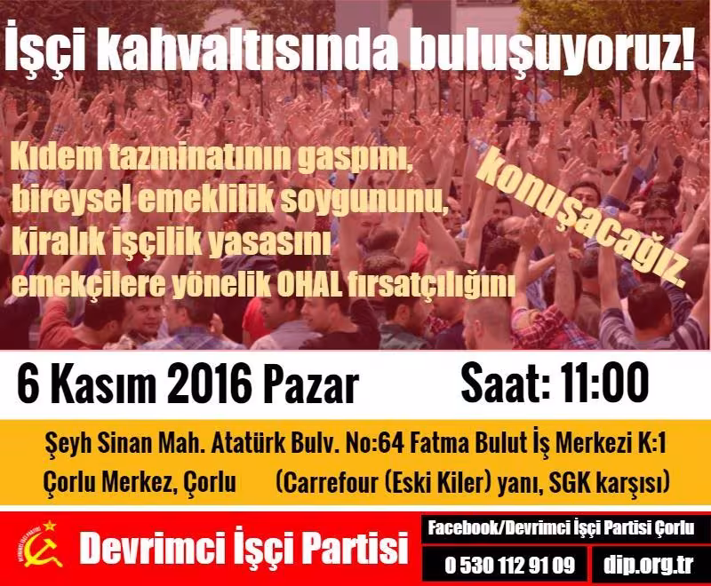 6 Kasım Pazar işçiler Çorlu'da kahvaltıda buluşuyor kapağı