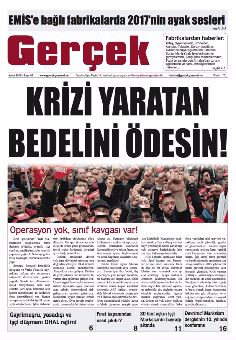 Gerçek Gazetesi Sayı 86 - Aralık 2016 kapağı