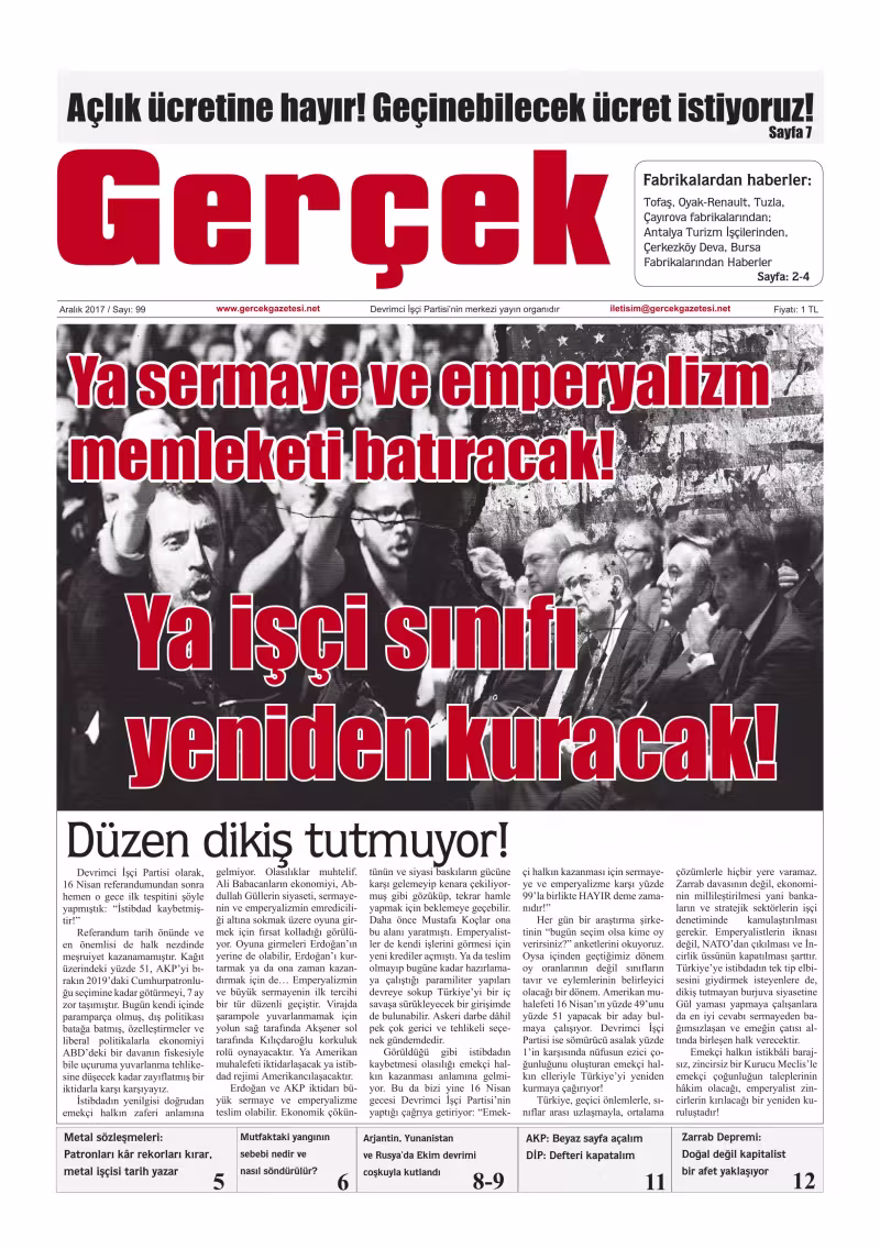 Gerçek Gazetesi Sayı 99 - Aralık 2017 kapağı