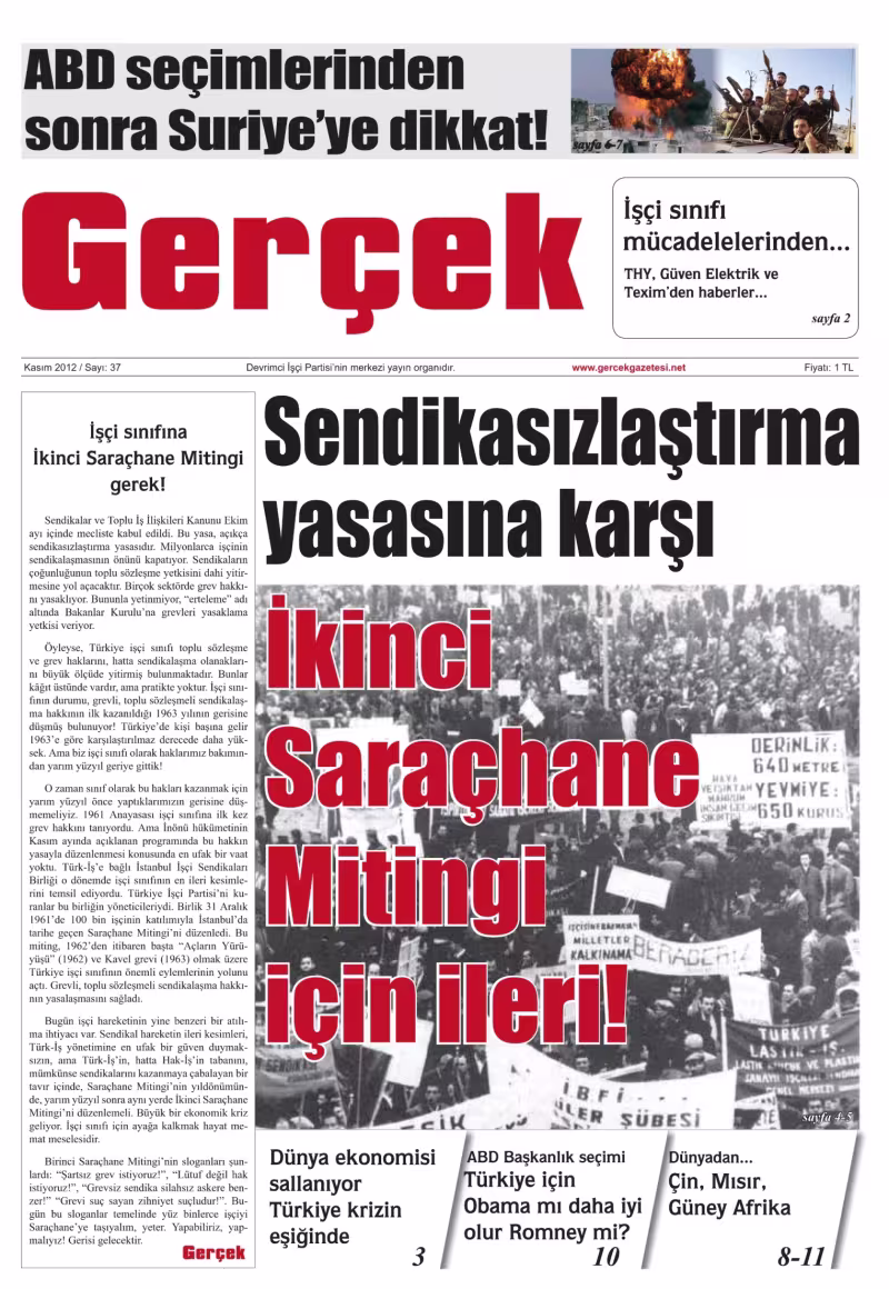 Gerçek Gazetesi Sayı 37 - Kasım 2012 kapağı