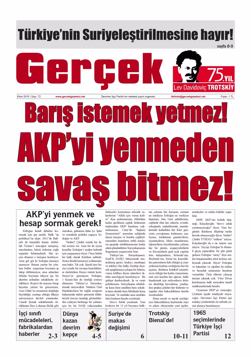 Gerçek Gazetesi Sayı 72 - Ekim 2015 kapağı