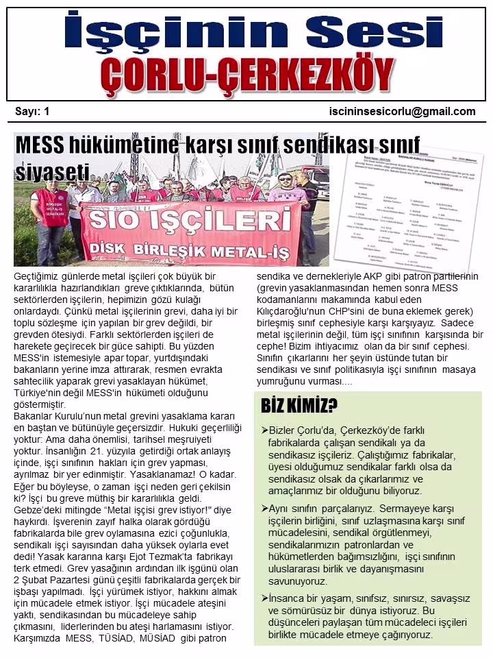 İşçinin Sesi Çorlu Çerkezköy Sayı 1 kapağı