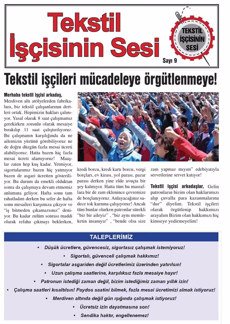 Tekstil İşçisinin Sesi Sayı 9 kapağı